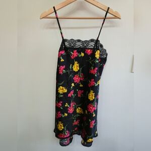 Black Floral Lace Trim Square Neck Nightgown Dress, Med